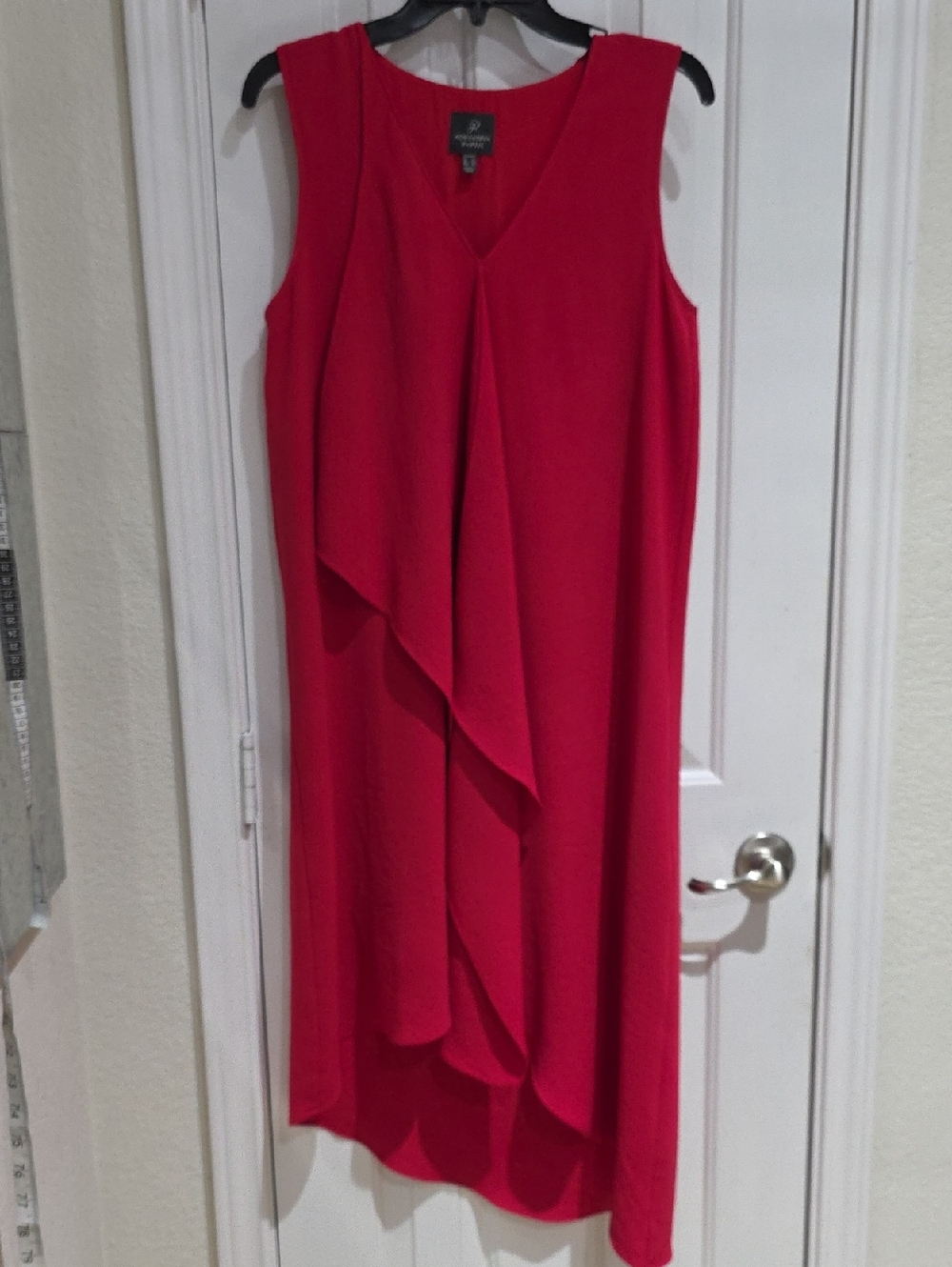 Adrianna Papell Red Sleeveless V-Neck Midi Dress with Front Ruffle Size 10